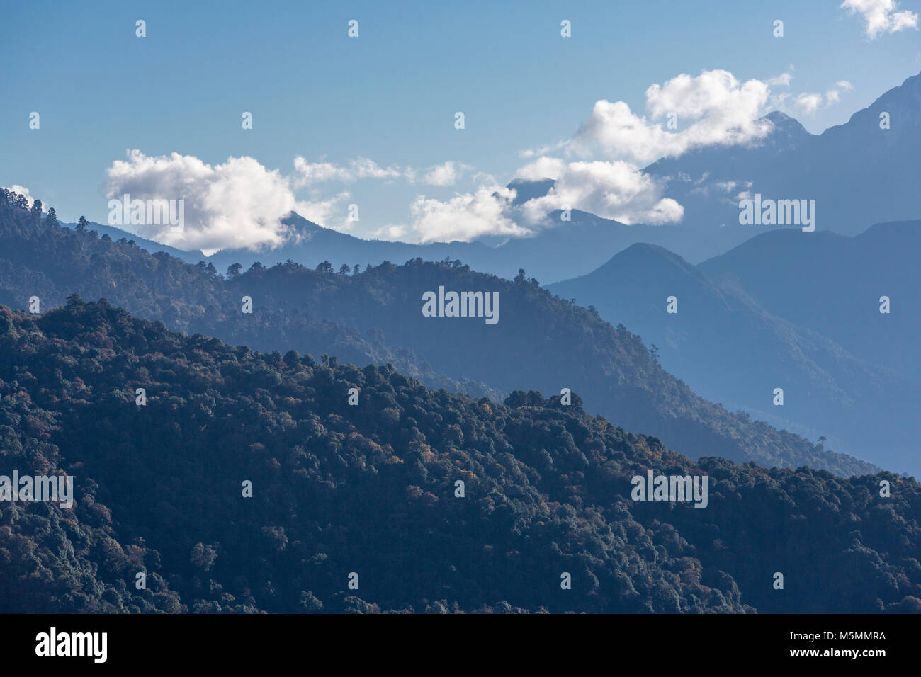 Trongsa, Bhutan. Himalayan Foothills zwischen Prakhar und Trongsa. Stockfoto