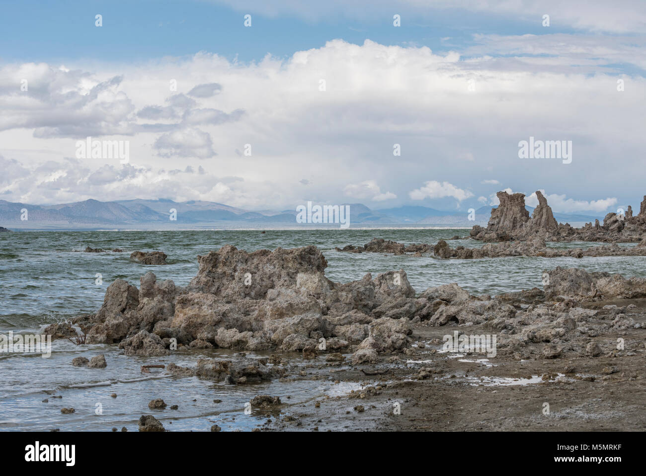 Mit Gewitterwolken brauen, Sand tufas stand hoch über Mono Lake, Kennzeichnung Rezession der salzigen Wasser über Jahrtausende in Lee Vining, Kalifornien Stockfoto