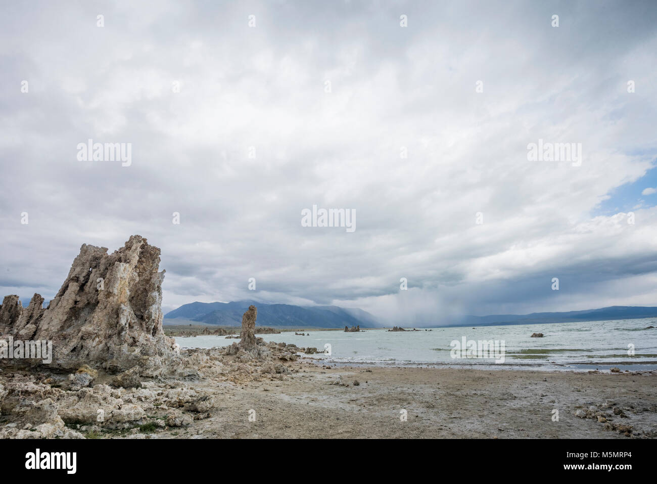 Mit Gewitterwolken brauen, Sand tufas stand hoch über Mono Lake, Kennzeichnung Rezession der salzigen Wasser über Jahrtausende in Lee Vining, Kalifornien Stockfoto