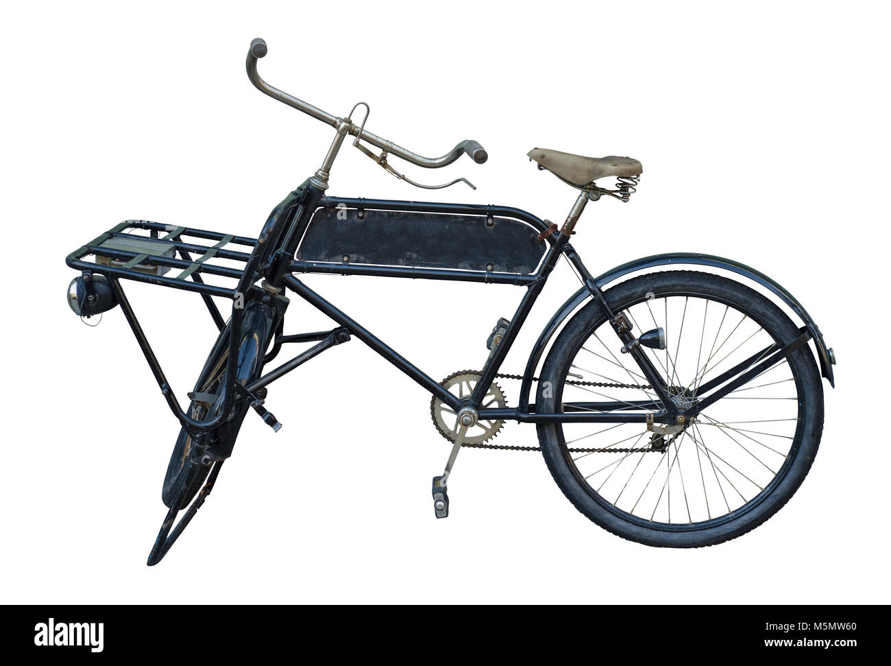 Vintage antik schwarz Lieferung Fahrrad mit Werbung, leer für Ihren Text Stockfoto