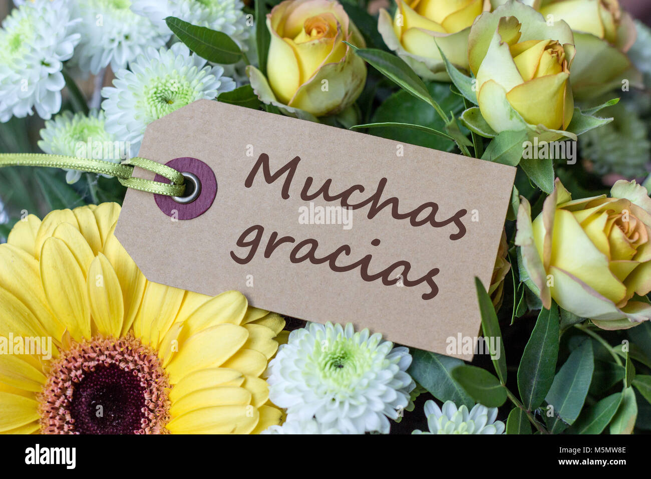 Blumenstrauß aus gelben und weißen Rosen, Gerberas, Chrysanthemas und Grußkarte mit spanischem Text: Danke Stockfoto