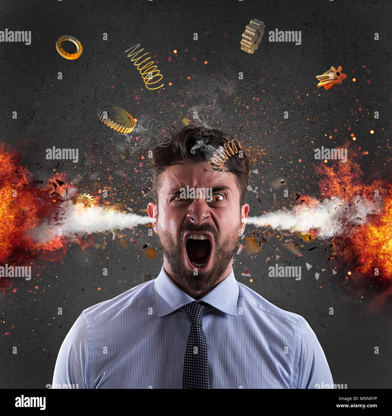 Kopf Explosion eines Unternehmers. Konzept von Stress wegen Überlastung Stockfoto