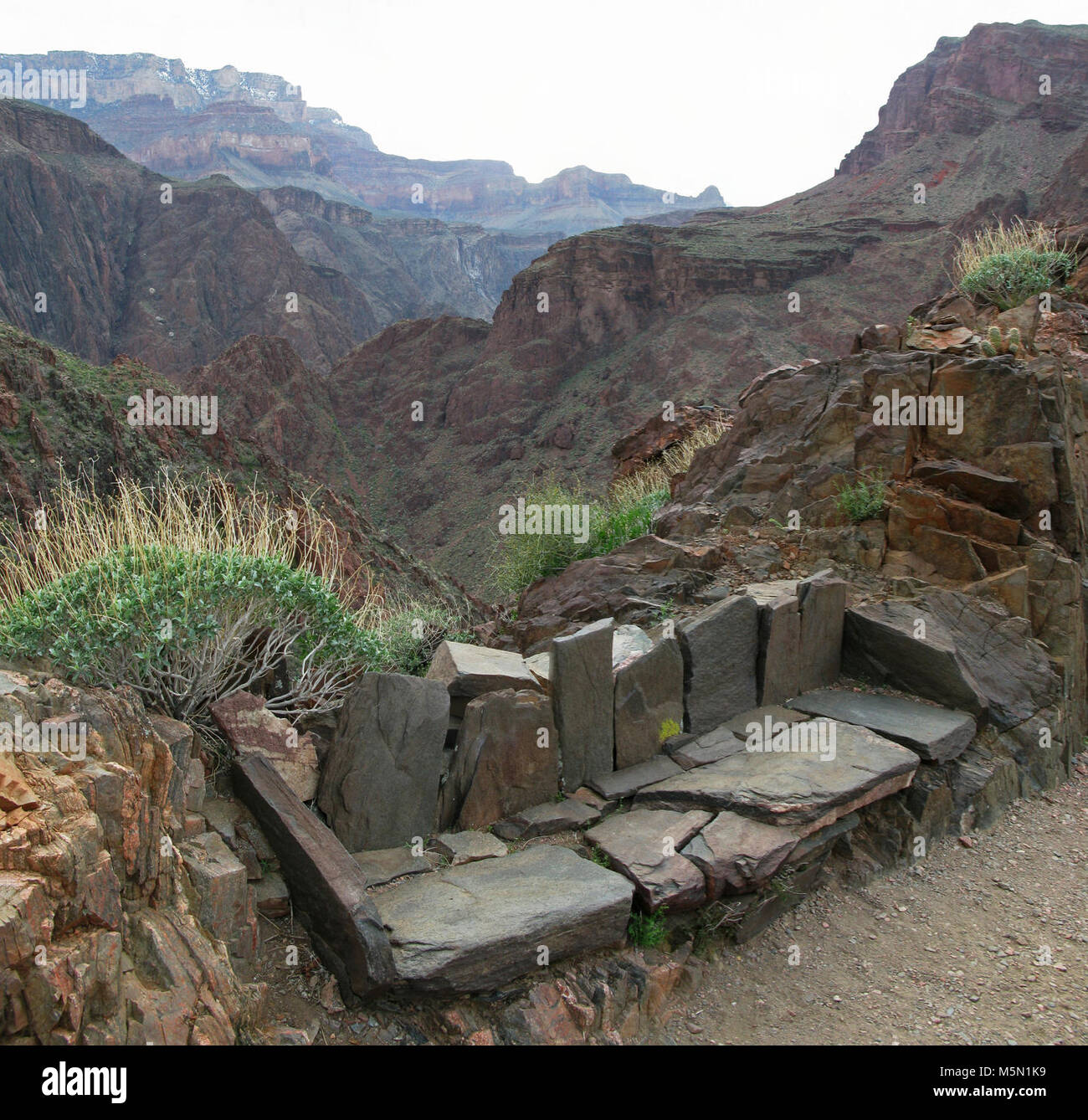 Grand Canyon Clear Creek Trail - der Bank. Von der Kreuzung mit der North Kaibab Trail, der Clear Creek Pfad führt durch eine Reihe von Serpentinen nach Südosten in Richtung Phantom übersehen (eine scharfe Switchback mit einer Landung, wo es ein paar Steinbänken; von diesem Punkt gibt es eine gute Sicht gerade nach unten im Phantom Ranch suchen). Nach Phantom übersehen, der Weg führt weiter bis zum Boden des Tapeats und dann die Fahrt Stockfoto