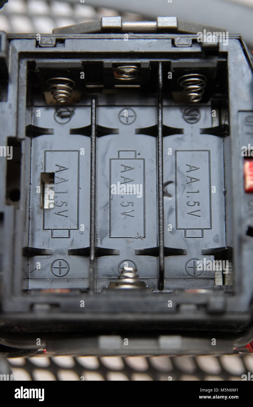 Batteriekasten. Kunststoff Batterie power Box. AA-Batterie. Stockfoto