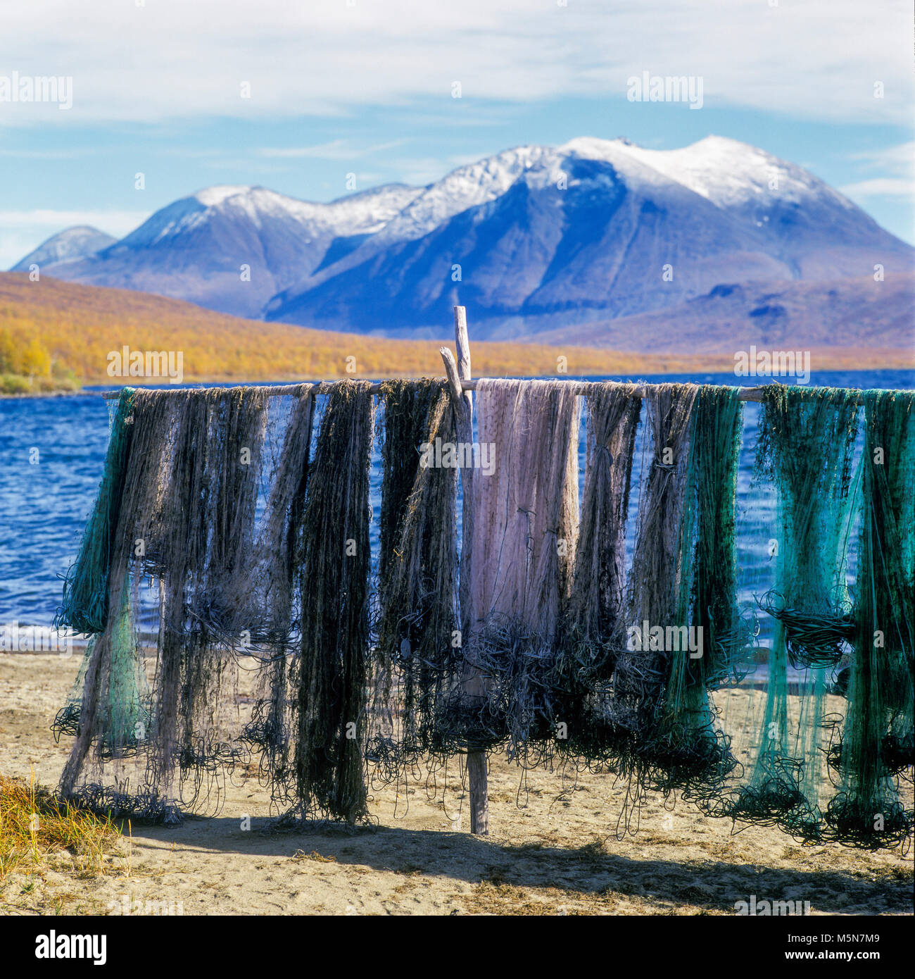 Fischernetze aufgehängt zum trocknen. Laponia, Schweden. Stockfoto