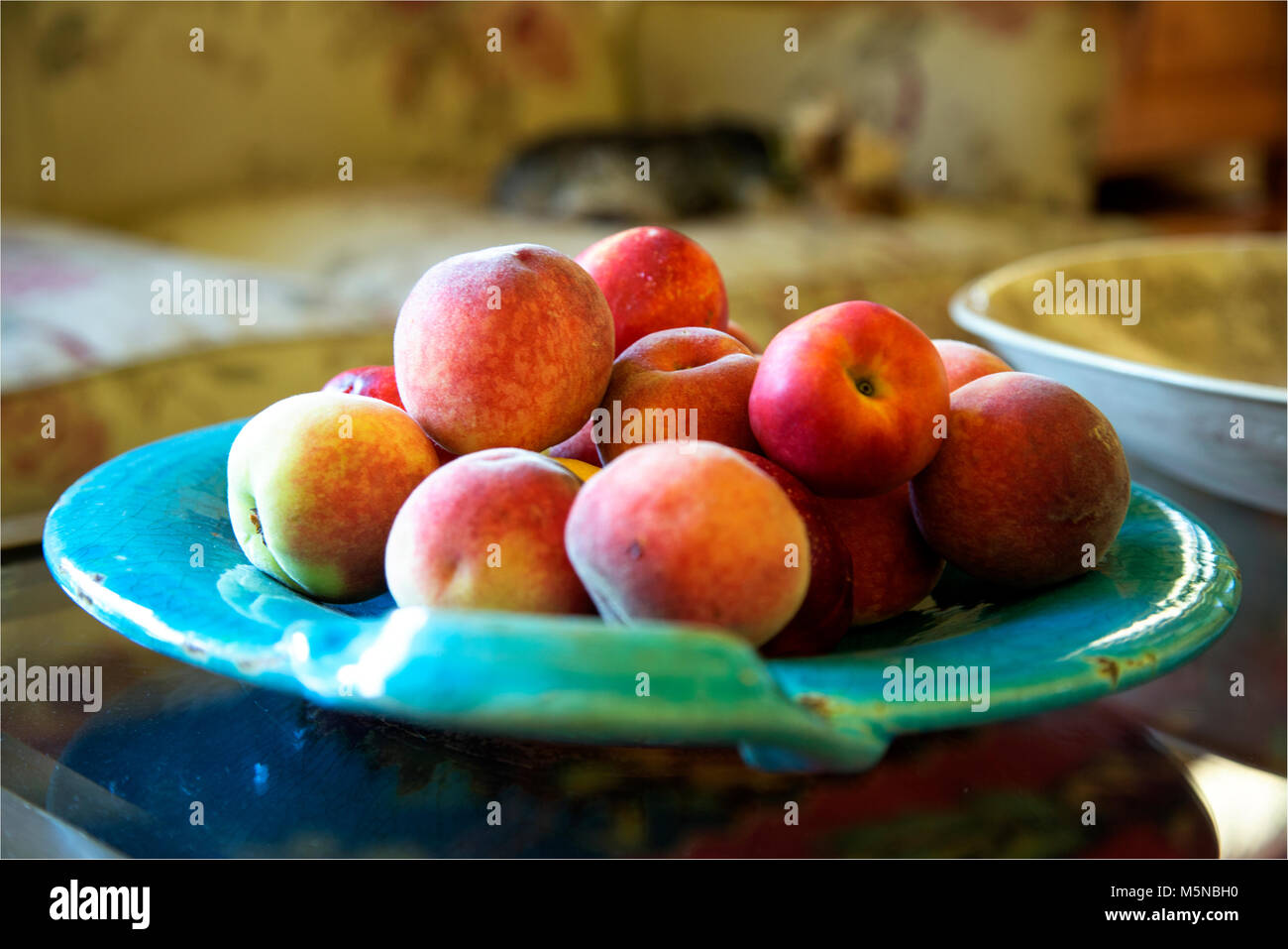 Obst, Pfirsiche, Nektarinen und Zitronen auf einem türkis Platter serviert, perfekt für den Sommer, Patio Dining, Frühling feiern oder Tabelle Einstellungen Stück center Stockfoto