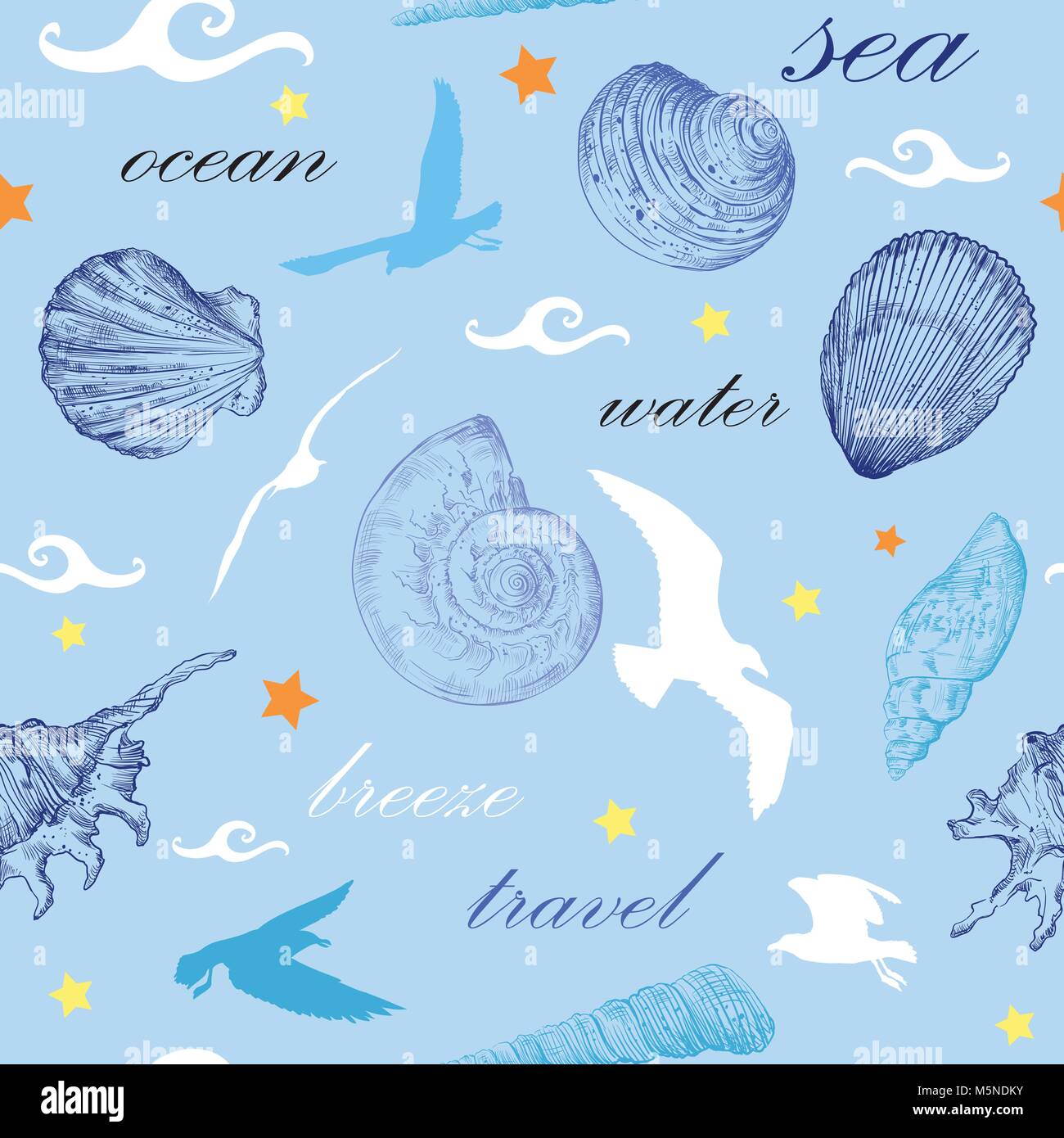 Nahtlose Muster mit weißen und blauen Muscheln und Möwen auf blauem Hintergrund Stock Vektor