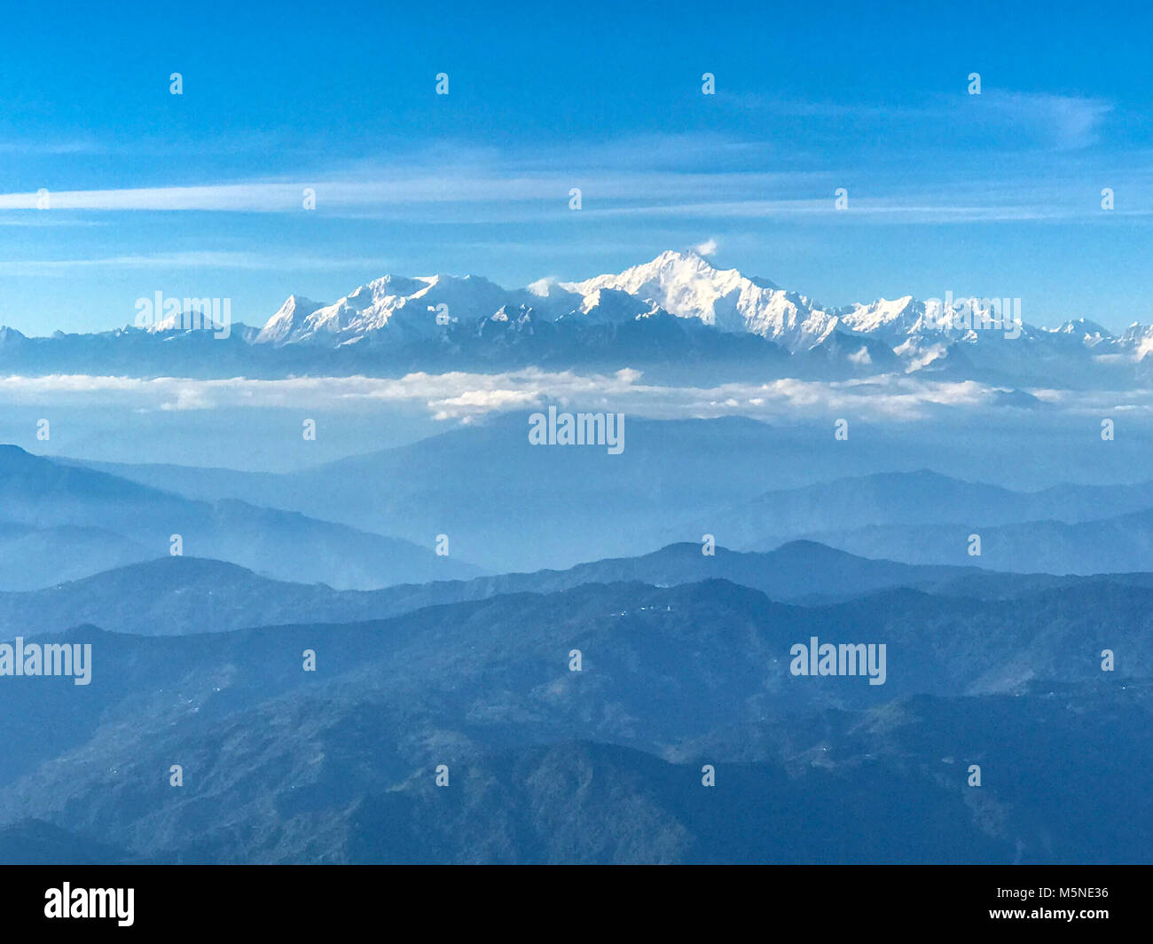 India-Nepal Grenze. Mount Kangchenjunga, 3. höchsten Berg im Himalaya (24,836 feet). Stockfoto