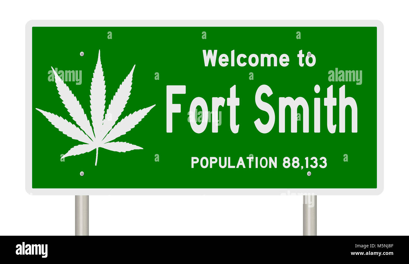 Rendering von einem grünen Hinweisschild mit Marihuana Blatt für Fort Smith, Arkansas Stockfoto