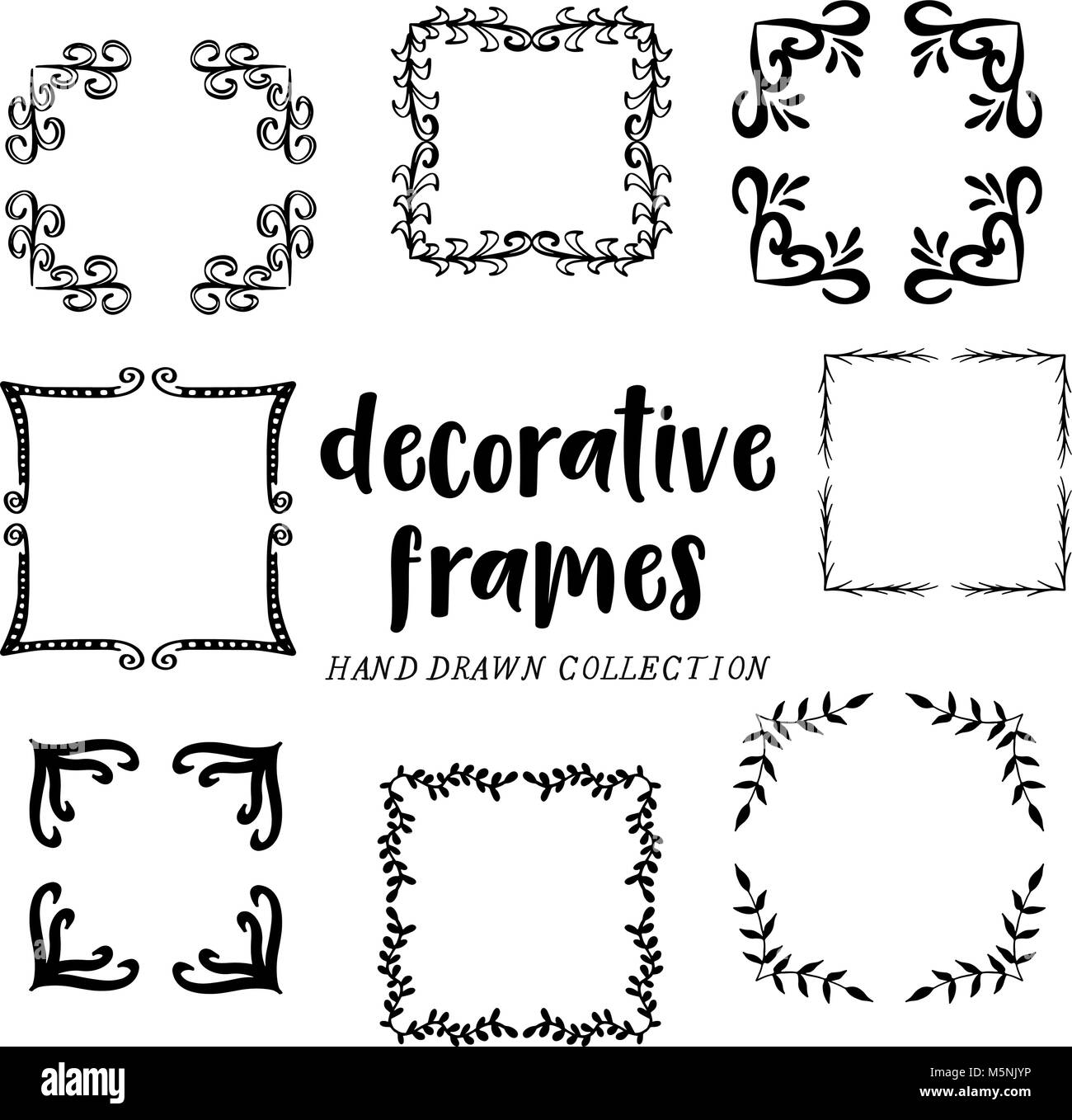Satz von Hand gezeichnet square Frames, Blätter, Zweige, dekorative Vektoren, Ornament. Hand gezeichnet Abbildung. Stock Vektor