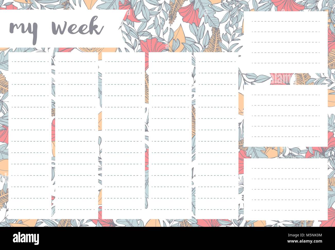 Wöchentlicher Planer mit Blumen, Schreibwaren Veranstalter für tägliche Pläne, floral Vektor weekly planner Template, Zeitpläne Stock Vektor