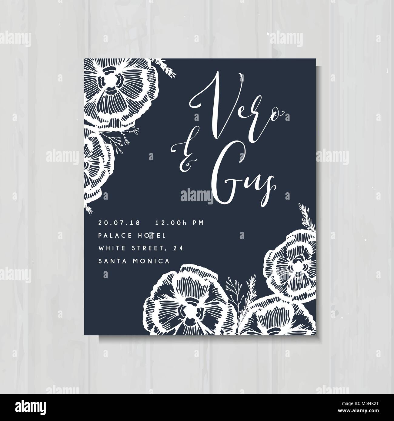 Hochzeit Einladung Vorlage, blau, Ehe, Blumen, handgezeichnete Abbildung Stock Vektor
