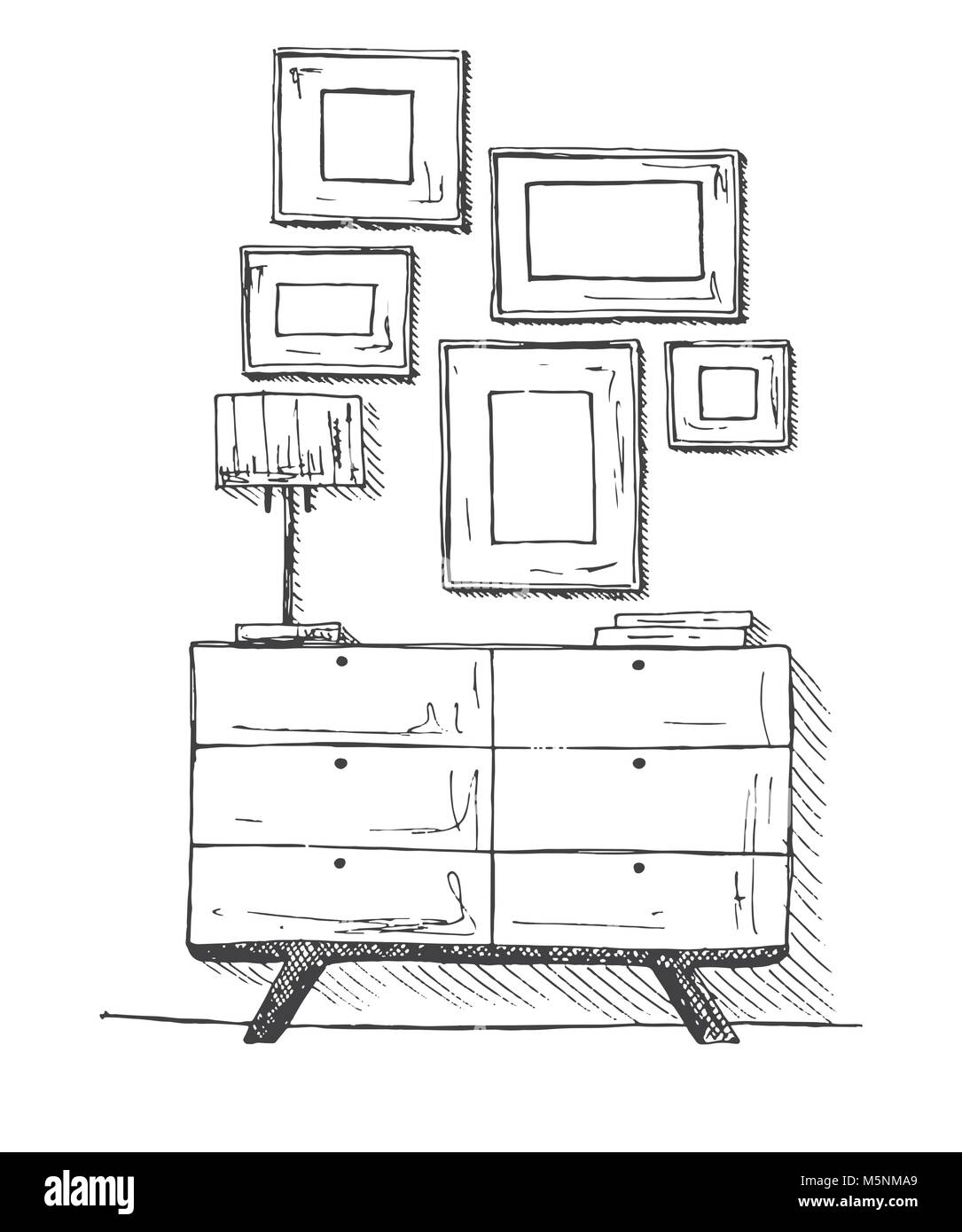 Kommode, Lampe und Dekoration. Vector Illustration einer Skizze Stil. Stock Vektor