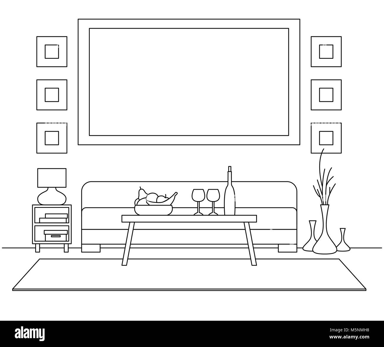 Sofa, Tisch, Vase mit Blumen. Nachtschrank, Schreibtisch Lampe. Rahmen auf der Wand zu Ihrer Information. Lineare Skizze der Innenraum in einem modernen St Stock Vektor