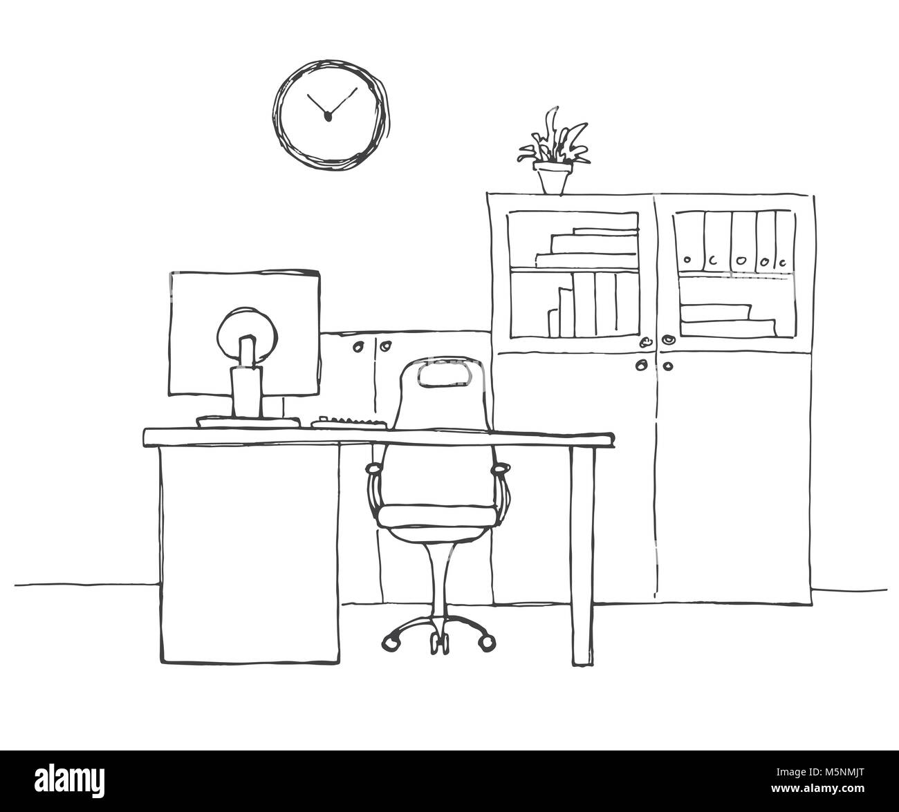 Büro in einer Skizze Stil. Hand gezeichnet Büromöbel. Vector Illustration  Stock-Vektorgrafik - Alamy