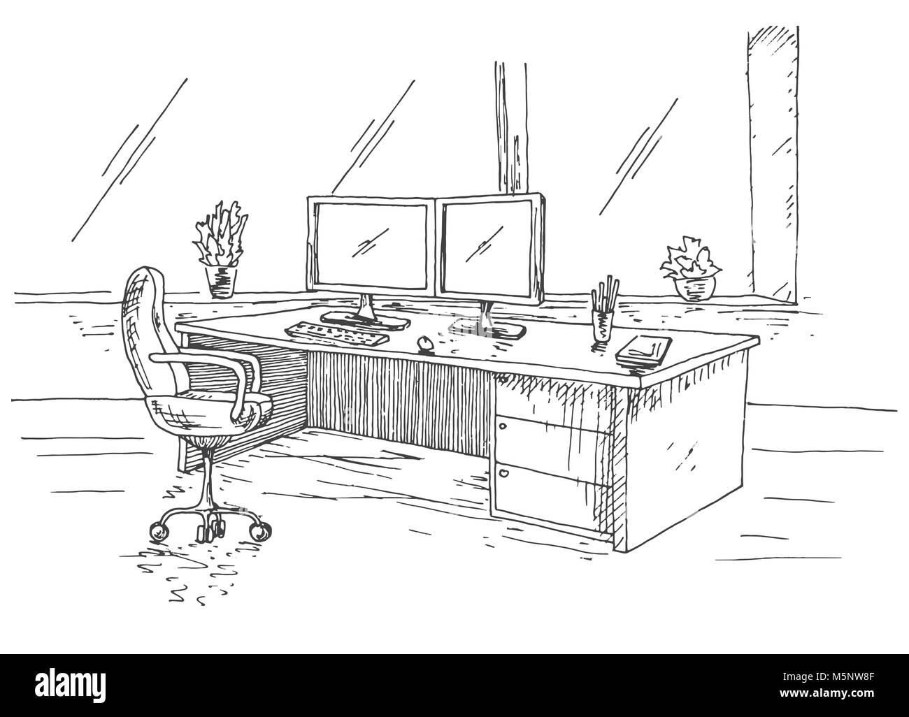 Hand Arbeitsplatz hinter den Monitoren gezeichnet. Arbeitstisch mit zwei Monitoren, Bürostuhl. Vector Illustration einer Skizze Stil. Stock Vektor