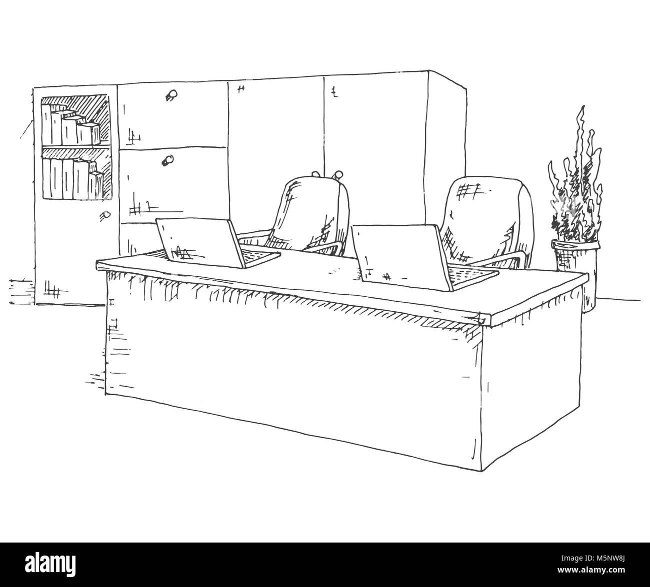 Hand Arbeitsplatz hinter den Monitoren gezeichnet. Arbeitstisch mit zwei Monitoren, Bürostuhl. Vector Illustration einer Skizze Stil. Stock Vektor