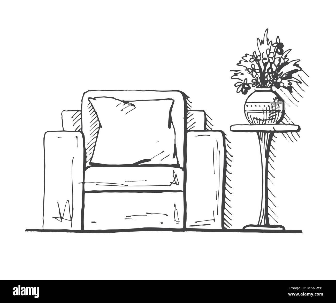 Sessel und einen hohen Tisch. Vase mit Blumen auf dem Tisch. Hand gezeichnet. Vector Illustration in Skizze Stil Stock Vektor