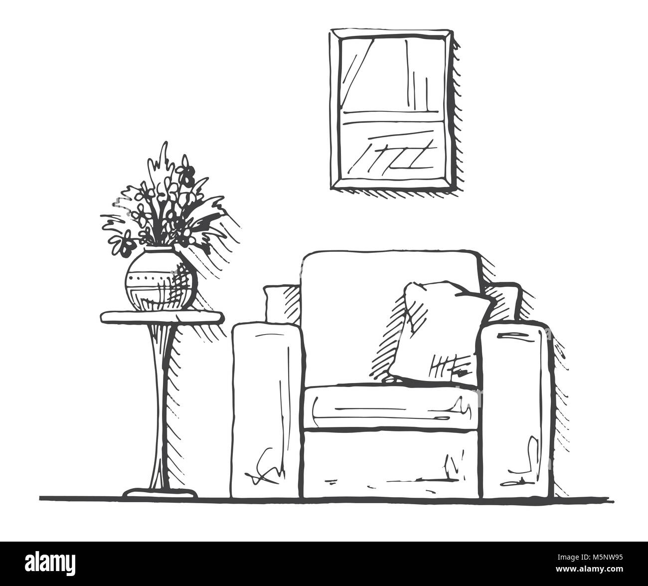 Sessel und einen hohen Tisch. Vase mit Blumen auf dem Tisch. Hand gezeichnet. Vector Illustration in Skizze Stil Stock Vektor