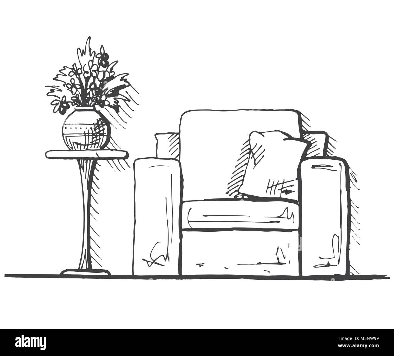 Sessel und einen hohen Tisch. Vase mit Blumen auf dem Tisch. Hand gezeichnet. Vector Illustration in Skizze Stil Stock Vektor