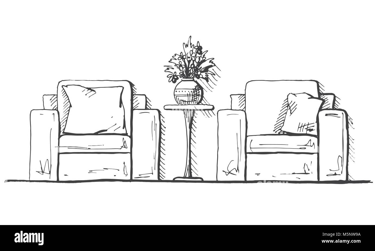 Zwei Sessel und einen hohen Tisch. Vase mit Blumen auf dem Tisch. Hand gezeichnet. Vector Illustration in Skizze Stil Stock Vektor