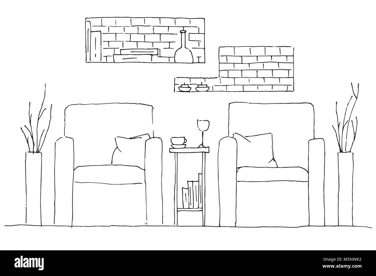 Zwei Sessel und einen hohen Tisch. Vase mit Blumen auf dem Tisch. Hand gezeichnet. Vector Illustration in Skizze Stil Stock Vektor