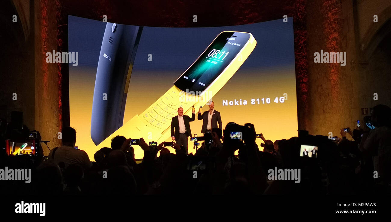 Barcelona, Spanien. 25 Feb, 2018. Nokia präsentiert ein neues Modell: Nokia 8110 4 G. Credit: Jovana Kuzmanović/Alamy leben Nachrichten Stockfoto