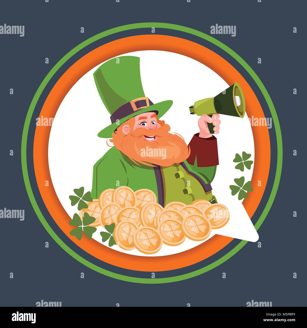 Happy St. Patricks Tag Emblem Aufkleber mit Kobold Holding Megaphon Stock Vektor