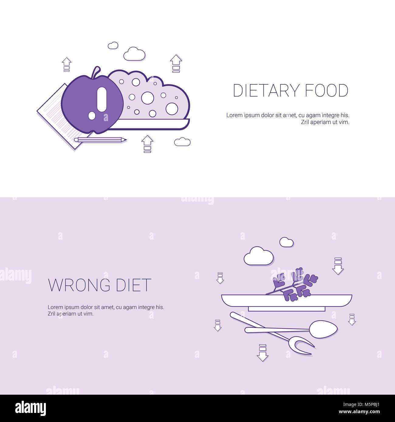 Diätetische Lebensmittel und falsche Ernährung Konzept Vorlage Web Banner mit Kopie Raum Stock Vektor