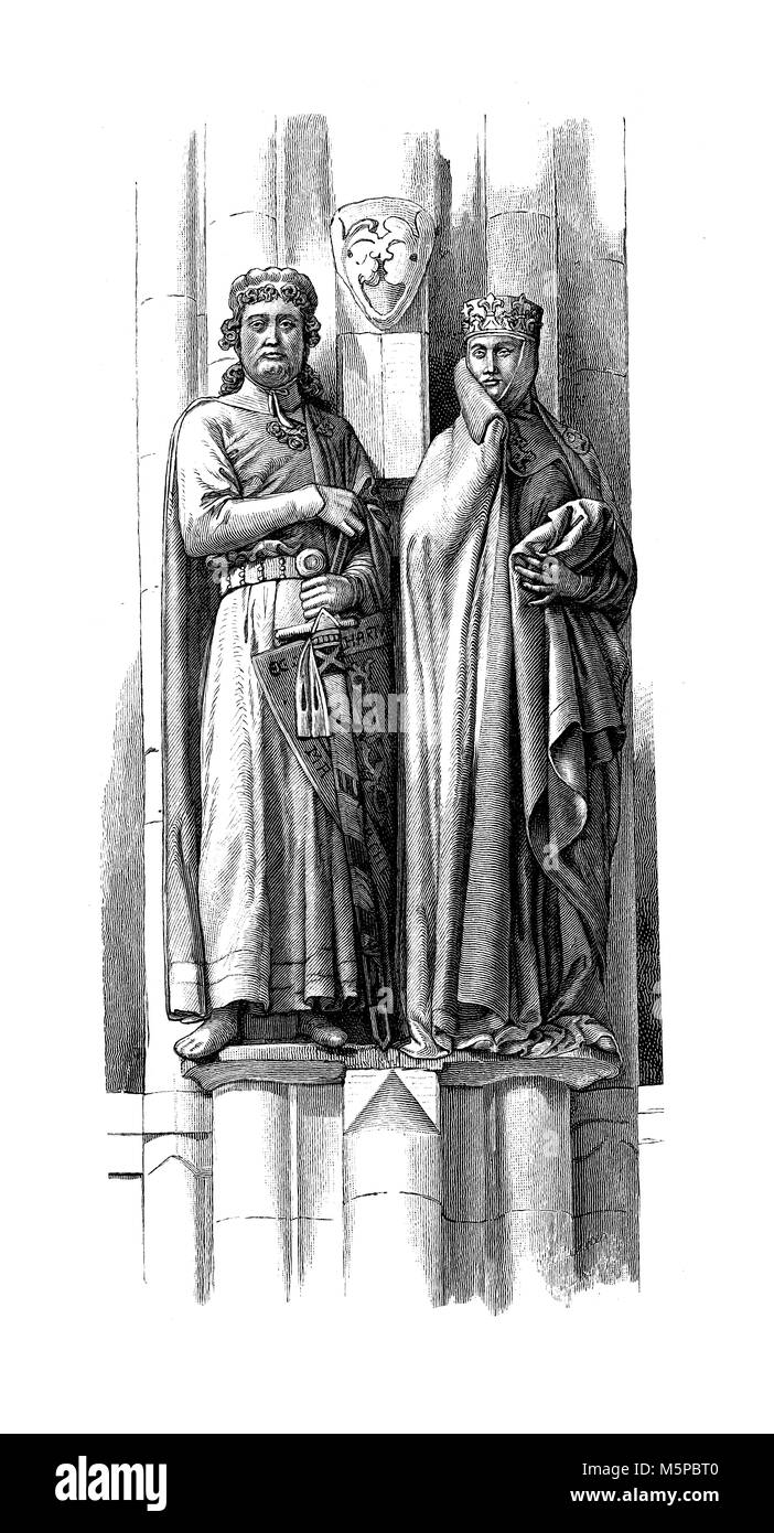 Deutschland, edle Paar in mittelalterlichen Kostümen, Skulptur im Naumburger Dom, vintage Gravur Stockfoto