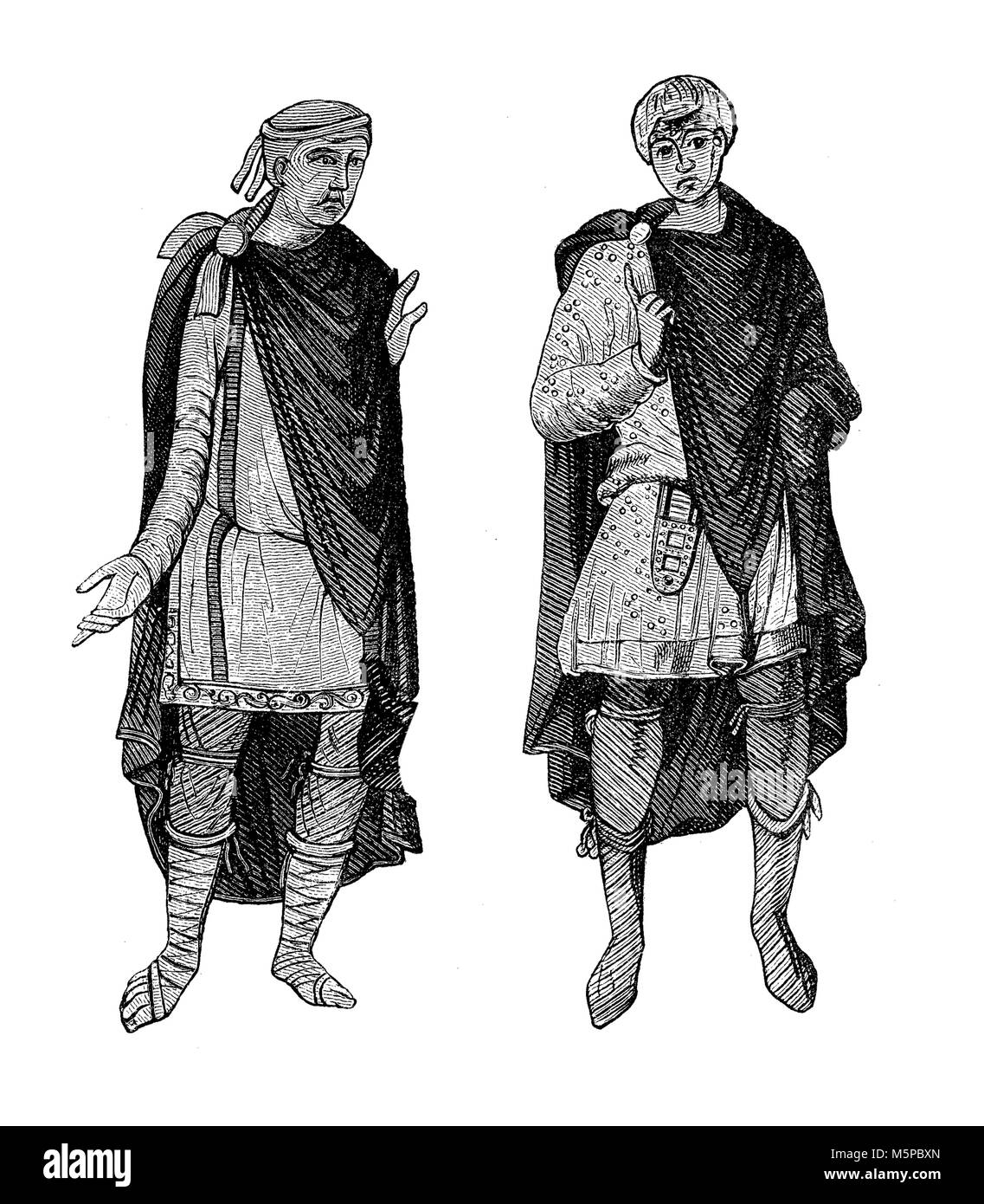 Deutsche Kostüme von V bis VIII Jahrhundert: kurze Tunika, Mantel, breies zu den Knien oder Mitte aufgehängt - Kalb und Leder Schuhe oder Stiefel Stockfoto