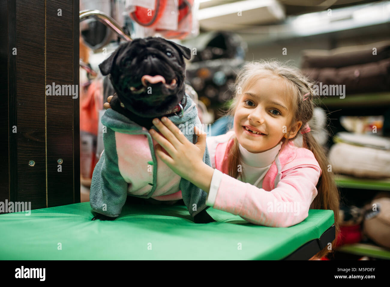 Kleine Mädchen und lustig Welpe in der Kleidung, Pet Shop. Kinder und Hunde in petshop, für den inländischen Tiere Stockfoto