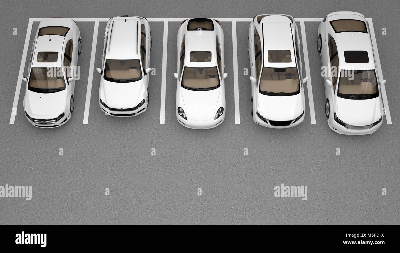 Parkplatz mit einer Gruppe von weißen Autos. 3D-Rendering Stockfoto