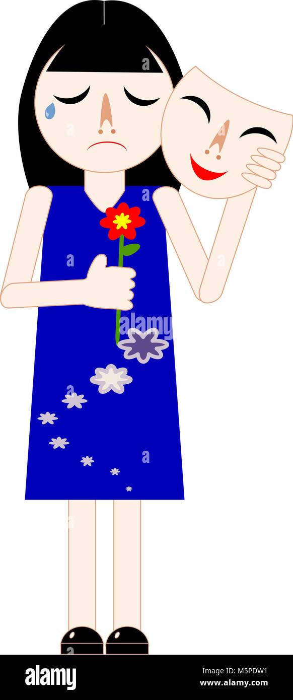 Frau verstecken ihren Kummer unter einem Glücklich lächelnde Maske mit einer roten Blume in der Hand. Stock Vektor