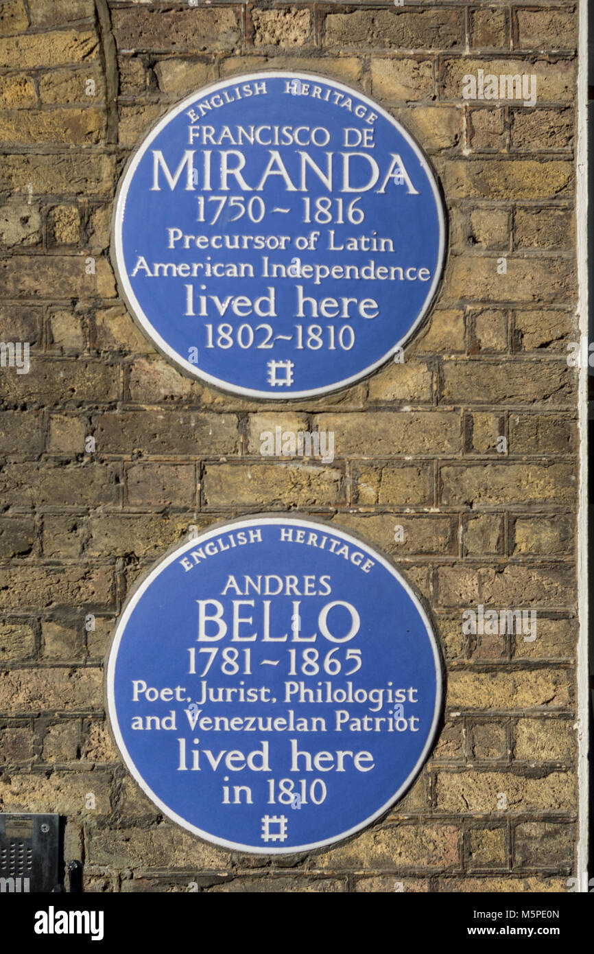 Francisco de Miranda und Andres Bello blue Plaques außerhalb von Francisco de Miranda Haus auf Grafton Road, London, NW1, UK Stockfoto