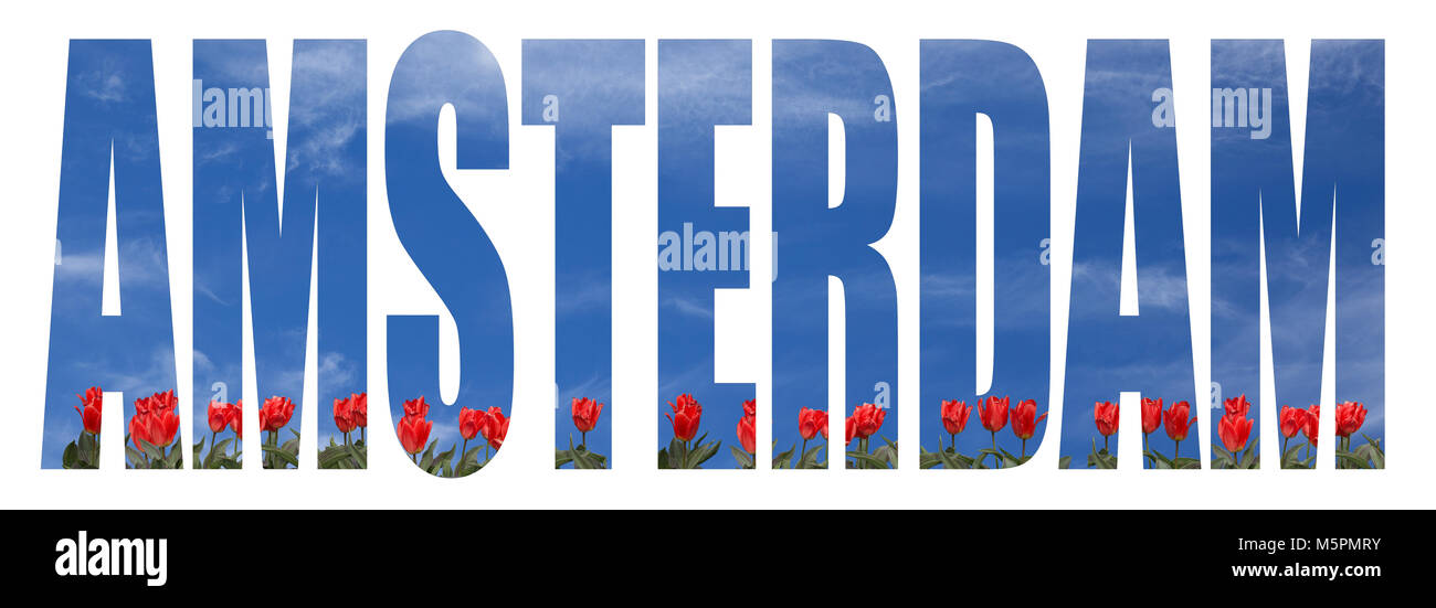 Amsterdam text Konzept mit blauem Himmel und rote Tulpen Stockfoto