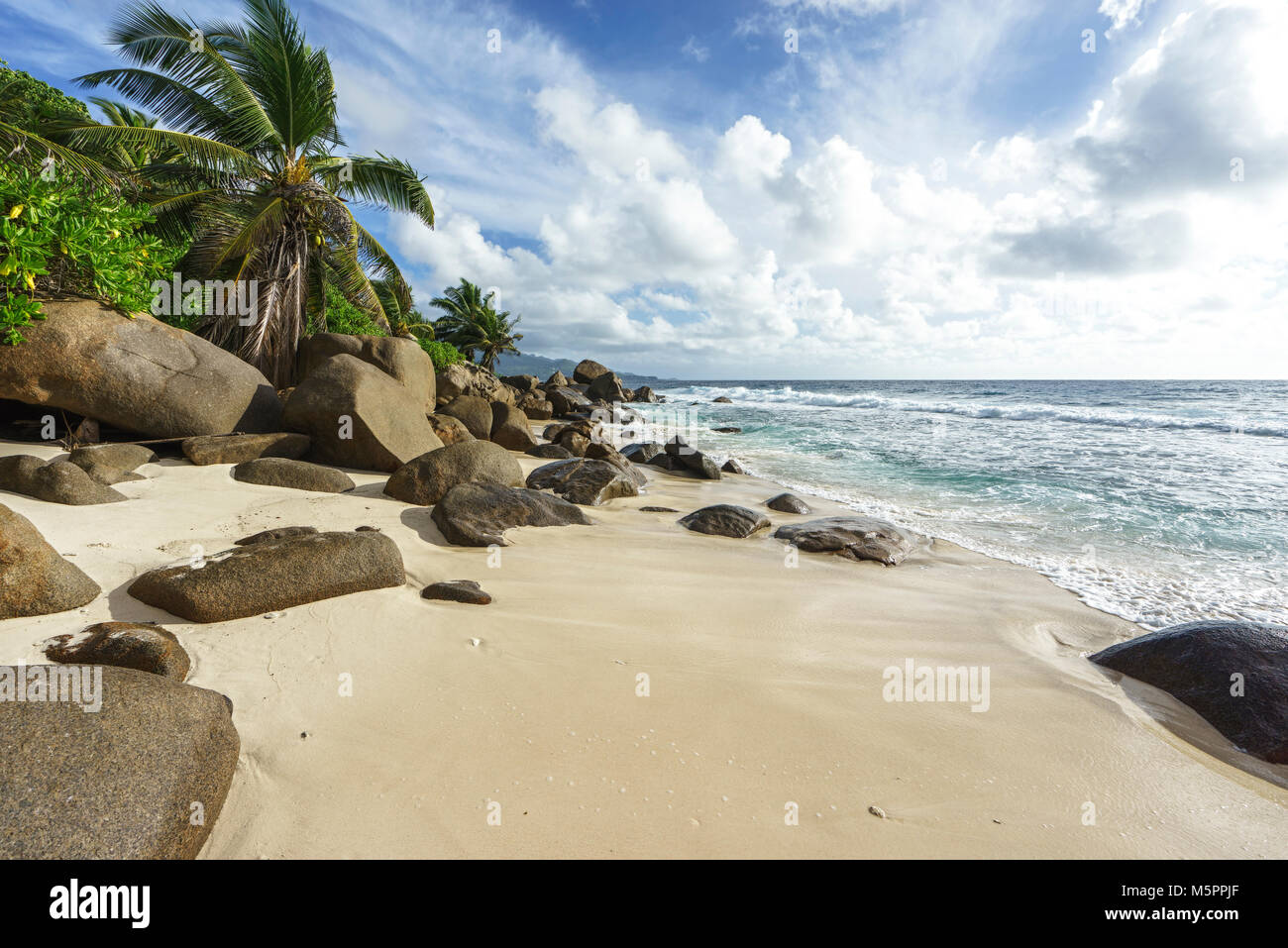 Schönen wilden tropischen Strand Anse marie-louise mit Felsen und Palmen in den Sand der Seychellen Stockfoto