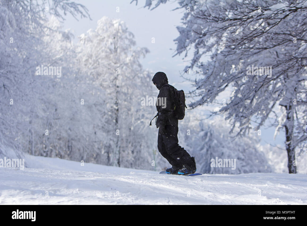 Winter Sport snowboarder am Ski slopeand Alpen Berge Landschaft Stockfoto