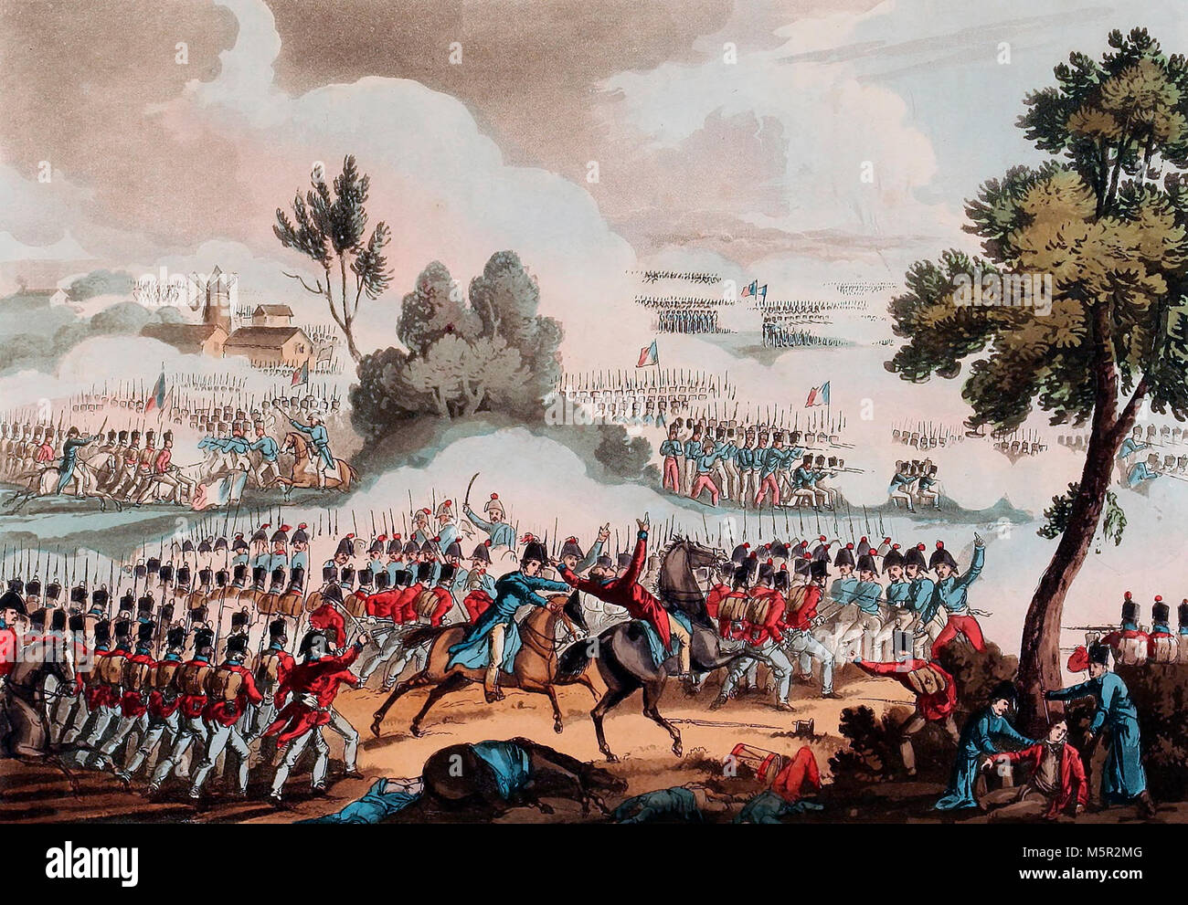 Der linke Flügel der britischen Armee in Aktion an der barrle von Waterloo - 18. Juni 1815 Stockfoto