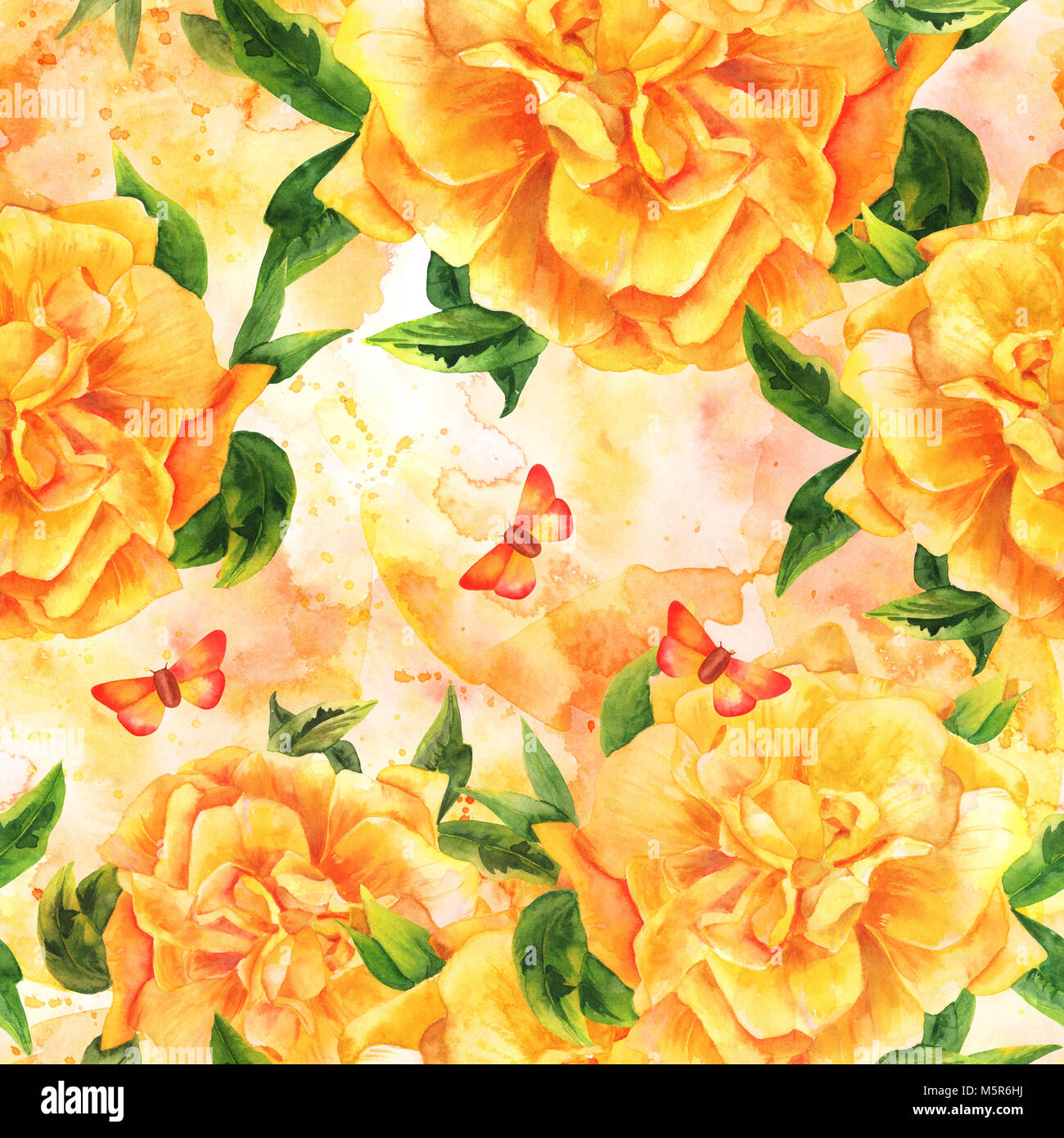 Eine nahtlose Muster mit einem Aquarell Zeichnung eines blühenden gelbe Rose mit grünen Zweige und Blätter, mit einem Schmetterling, und spritzt von Farbe, Hand Stockfoto