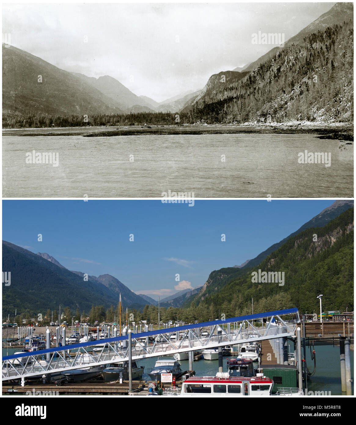 Skagway, AK. Foto Paar zeigt Verdickung der Vegetation auf den Pisten, Veränderung von der Küstenlinie und Tidebereich durch Bagger und Füllen sowie Wohn- und kommerzielle Entwicklung und Verbesserung der Infrastruktur. Blick nach Norden der Skagway Hafengebiet. Top Stockfoto