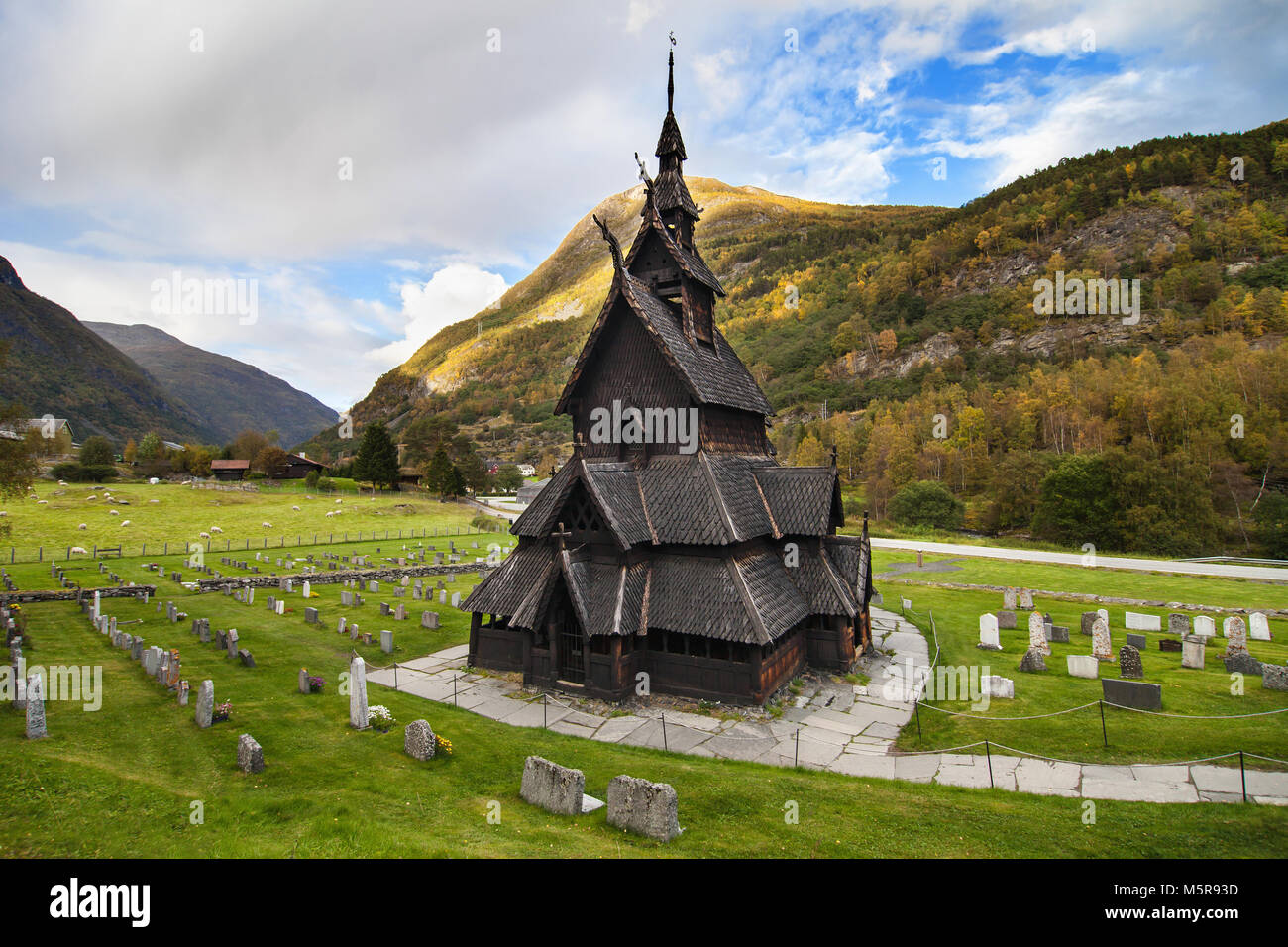 Borgund Stabkirche in Laerdal, Sogn og Fjordane, Norwegen. Stockfoto