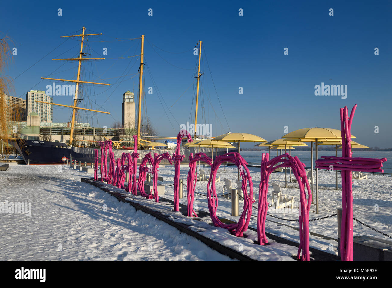 Lila sticks Kunst in HTO HTO Waterfront Park Toronto am Lake Ontario mit Caledonia Tall Ship mit Schnee im Winter Stockfoto