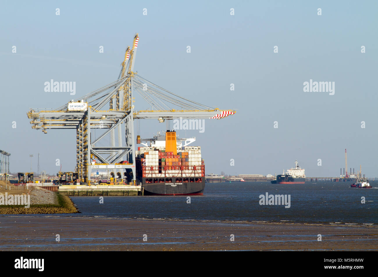 Ein großes Containerschiff der Cuayaquil Express am DP World London Gateway Deep-sea Container Terminal. Stockfoto