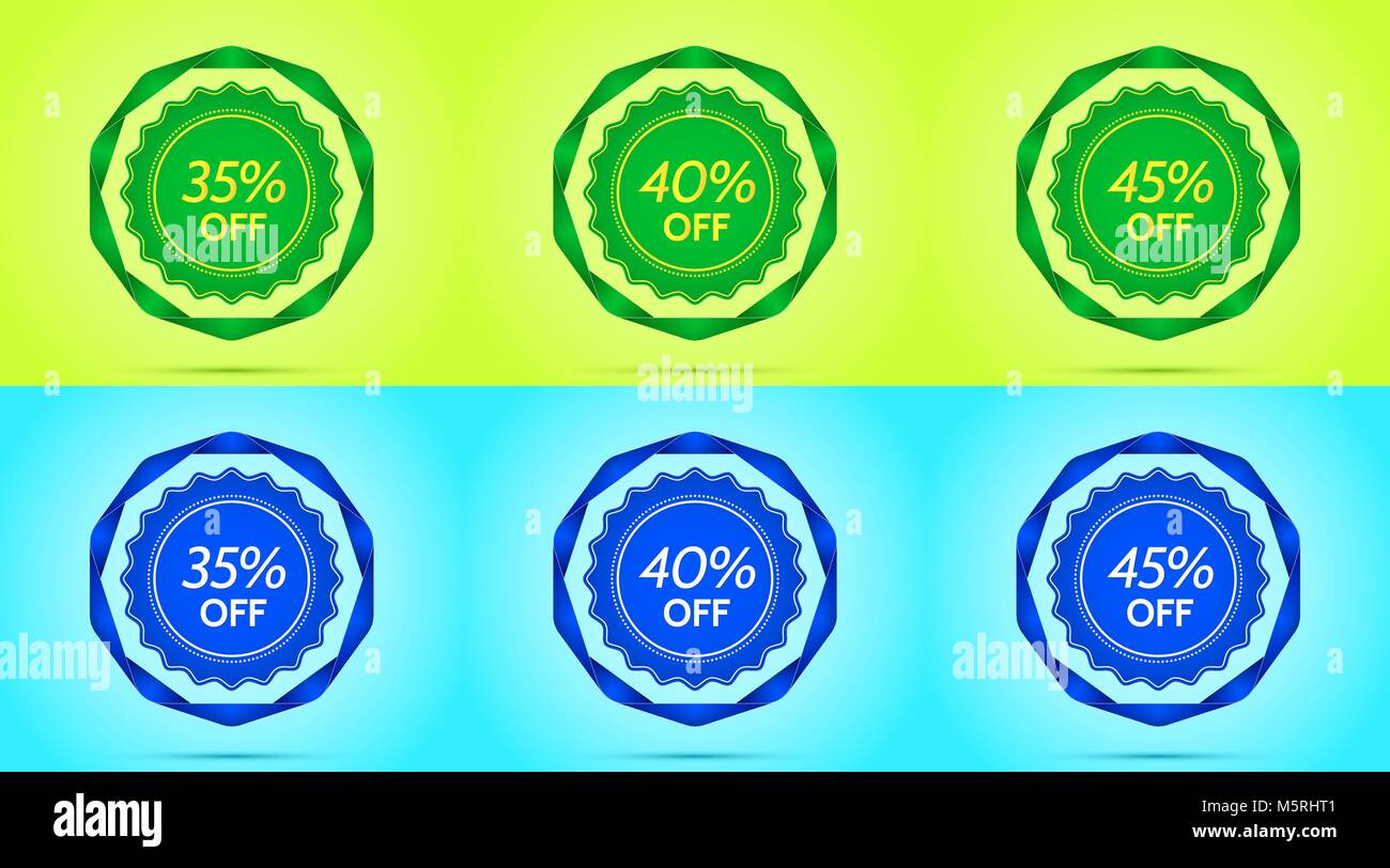 Sammlung von Grün und Blau Verkauf Abzeichen. Vektor Abzeichen mit Angebot der Rabatt 35 40 45 Prozent aus, durch verdrilltes Flachbandkabel umgeben, auf dem Kalk und Ligh Stock Vektor