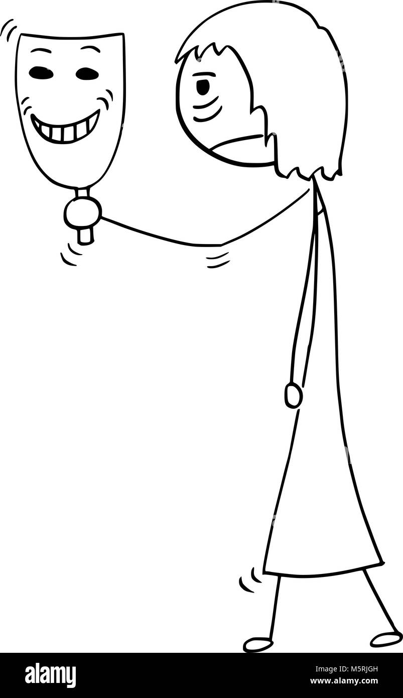 Cartoon von Traurig oder müde Frau oder Geschäftsfrau Holding Glücklich