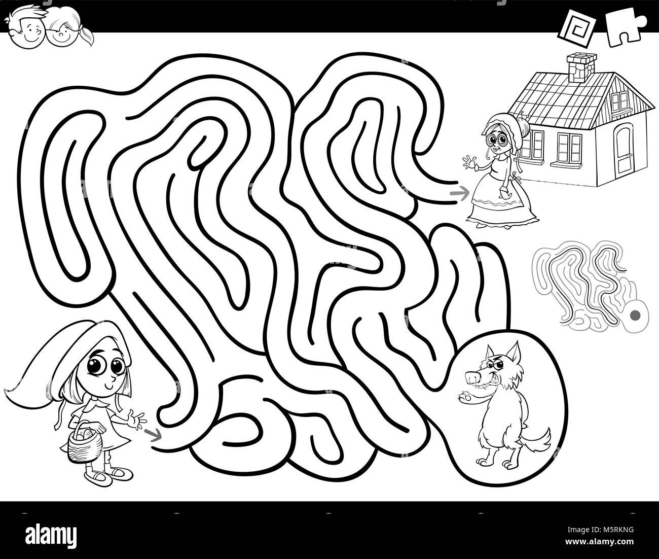 Schwarze und Weiße Cartoon Illustration für Bildung Labyrinth oder Irrgarten Aktivität Spiel für Kinder mit Rotkäppchen Malbuch Stock Vektor