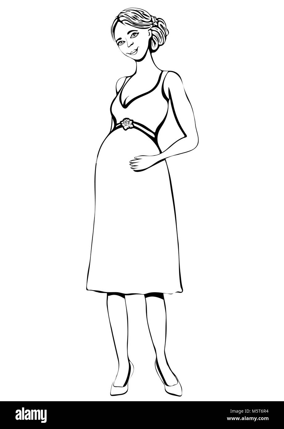 Schwangere Frau, Vektor outline Hand zeichnen, malen, skizzieren. Schwarz-weiß-Porträt von schwangeren Mädchen mit grossen Bauch voller länge gezeichnet Zukunft Mot Stock Vektor