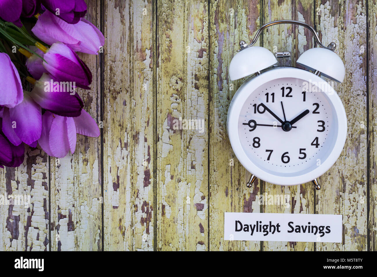 Sommerzeit Frühling Konzept von Oben nach Unten anzeigen mit weißen Wecker und Tulpen Stockfoto