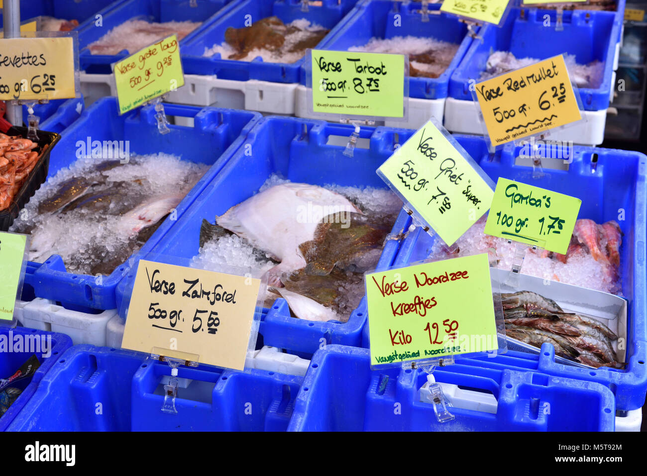Fischmarkt in einem Supermarkt oder auf einer Straße Marktstand. Verschiedene Fische und Meeresfrüchte in Kartons. Garnelen, Fisch und anderen frischen, rohen Fisch. Stockfoto